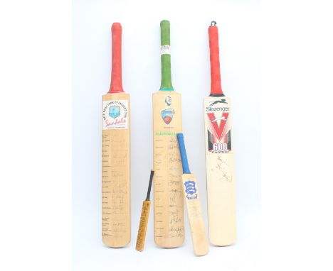 Four signed cricket bats, West Indies Tour of England 2000, Sandals Resorts, England 2004, Australia Team, miniature Essex ba