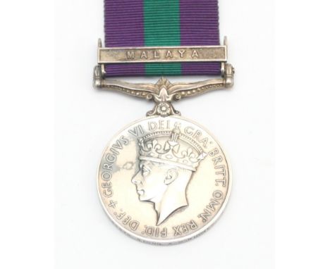 A George VI G.S.M Malaya medal, presented to 22264578 Sigmn. A. G. Hughes. Royal Signals.