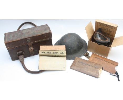 WWII British air raid kit, containing the MKII steel helmet by Ruben Owen and Co, marked 'H.E 1940', together with a leather 
