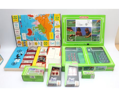 Subbuteo; a near complete football game playset with, a pitch, twenty players, six flags, one football, two nets, and two goa
