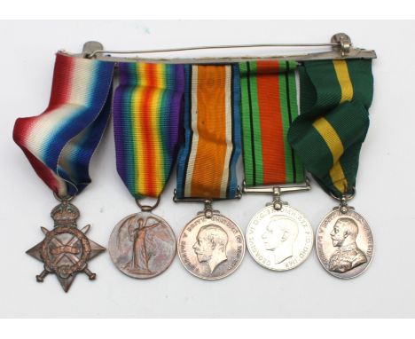 WWI-WWII mounted medal group, to include the 1914-1915 Star, War, Victory, Defence and the Territorial Efficiency, presented 