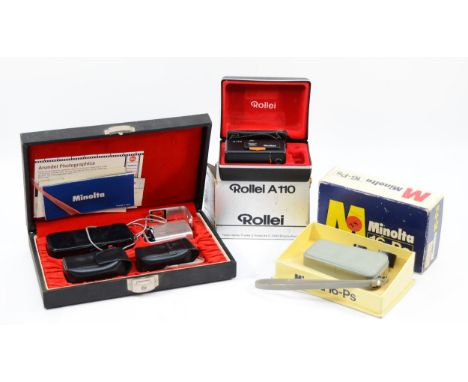 Three miniature cameras, to include, Rollei A110, Minolta 16-Ps, and Minolta-16 MG. (3)