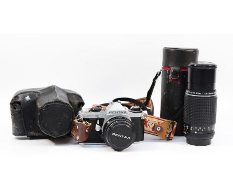 A Pentax ME Super film camera with a Pentax-M f/1.7 50mm lens, and a Pentax-M f/4.5 80-200mm zoom lens. (2)