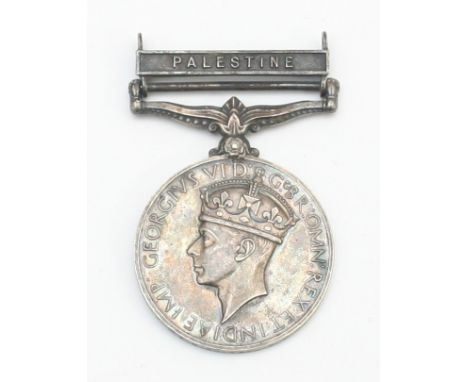 George VI G.S.M Palestine medal, presented to 6343776 PTE. G. Rooney. R. W. Kent. Regiment.
