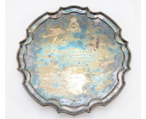 R.A.F electroplated commemorative dish, presented to Squadron Leader and Mrs R. K. Wilson, signed by the pilots of squadron 2
