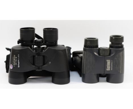 Two pairs of binoculars, to include, Bushnell Waterproof, 8 x 52, and Olympus 8-16 x 40. (2)