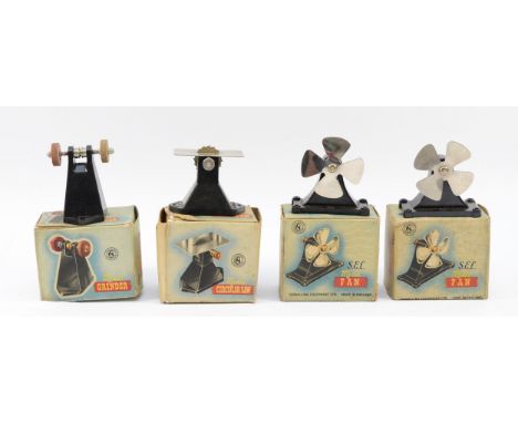 Four S.E.L miniature power tools, driven by model live steam engines, to include a grinder, a circular saw and two fans, boxe