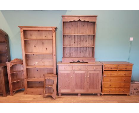 A group of six pine furniture pieces, to include a three + two height chest of drawers, 80x91cm, a dresser base, 120x91cm, tw