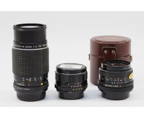 Three camera lenses, to include, Carl Zeiss Jena f/2.8 28mm,  Pentax-M f/4 75-100mm, Asahi Super-Takumar f/2 55mm. (3)