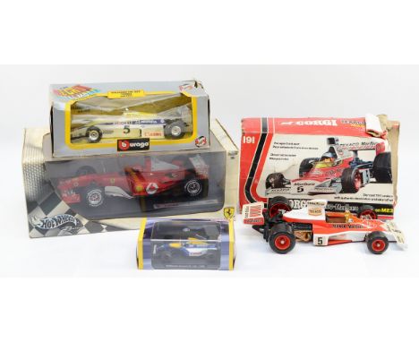 Foru die-cast racing cars, Hot Wheels Racing Michael Schumacher F2004, Burago Williams FW 08C Turbo, Atlas Editions Williams 