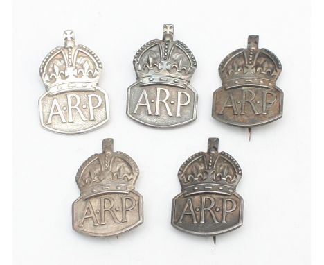 WWII five sterling silver A.R.P badges, 46g.