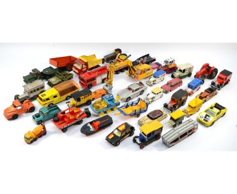 A collection of over fifty playworn diecast model vehicles, makers to include Matchbox, Dinky and Corgi, in one box.