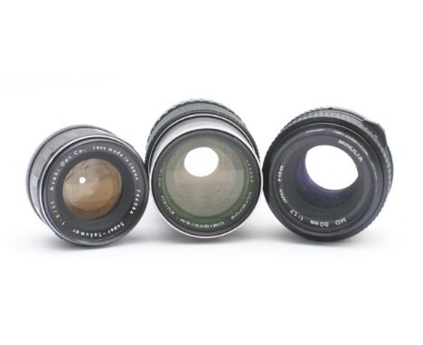 Three camera lenses, to include, Minolta MD f/1.7 50mm, Asahi Super-Takumar f/2 55mm, Olympus Zuiko f/4 75-150mm. (3)