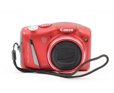 A Canon Powershot SX150 IS digital camera, in red.