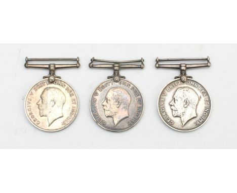 WWI three War medals, presented to 16171 PTE. J. Critchley. R. Lancs, 4329 PTE. H. Maki. Lan. Fusiliers and 47114 PTE. H. J. 