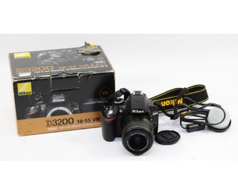 A Nikon D3200 DSLR camera with an AF-S Nikkor f/3.5-5.6 18-55mm lens, boxed.