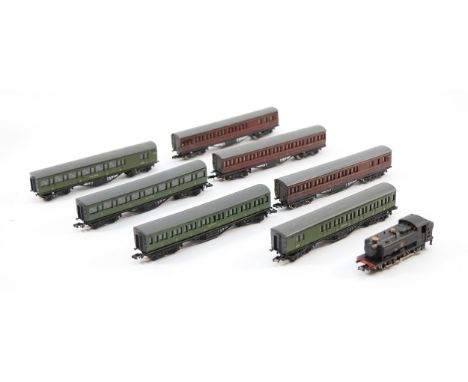 A Graham Farish N gauge locomotive tank 9426, with seven coaches, in one box.