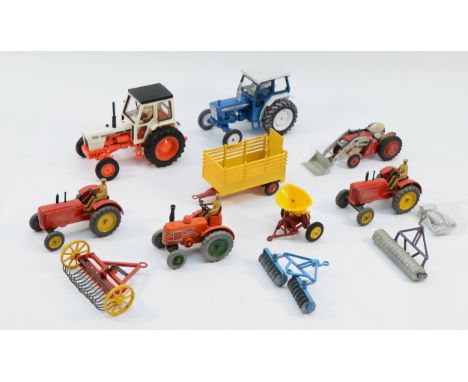 A collection of diecast farming tractors and machinery, to include Britains David Brown and Ford tractors, Dinky Field Marsha