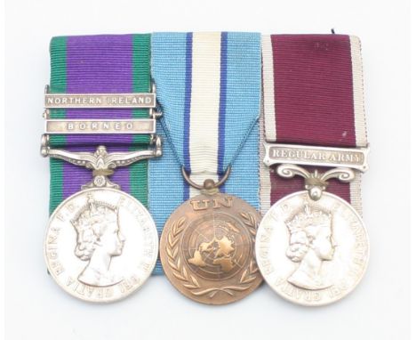 ERII mounted Army Long Service medal group, to include the  G.S.M, clasped Borneo and Northern Ireland, together with the Uni