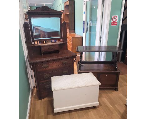 A group of six 20th century furniture pieces, include an Art Nouveau style mahogany dressing table, 91x170cm, a teak display 