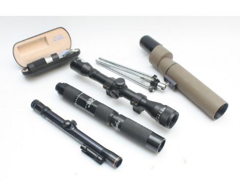 An assortment of mixed scopes to include the 4x32 Air arms, 10x30 Focus, 4x20 BSA, the golf scope and Tasco telescope.