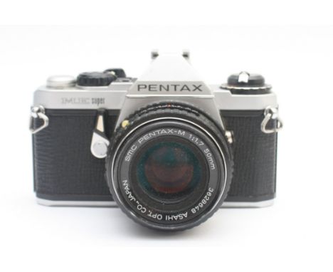 An Asahi Pentax ME Super film camera with a Pentax-M f/1.7 50mm lens. 