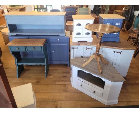 A group of seven modern painted furniture pieces, to include a sideboard, W140, H80, D46cm, a pair of bedside drawers, a pine