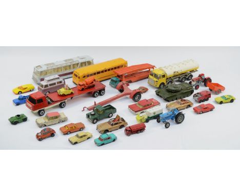 A collection of over thirty playworn diecast model vehicles, makers to include Corgi, Britains and Dinky, in one box.