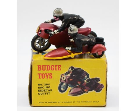 Budgie Toys; A No. 264 Racing Sidecar Outfit, in metallic marron with two riders, boxed.