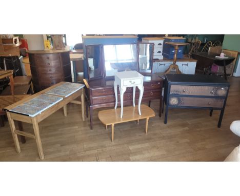 A group of six furniture pieces, to include a Stag Minstrel dressing table, W130, D47, H125, a painted two height chest of dr