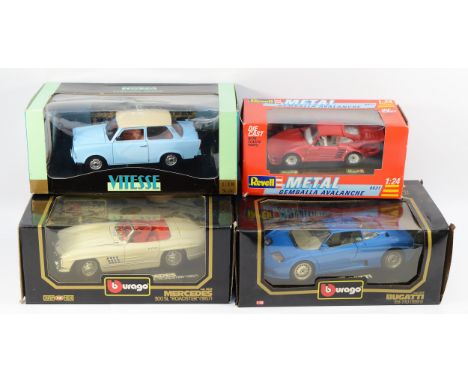 Four die-cast model cars, to include, Burago Mercedes 300 SL Roadster 1957, 1/18, Burago Bugatti EB 110 1991, 1/18, Revell Ge