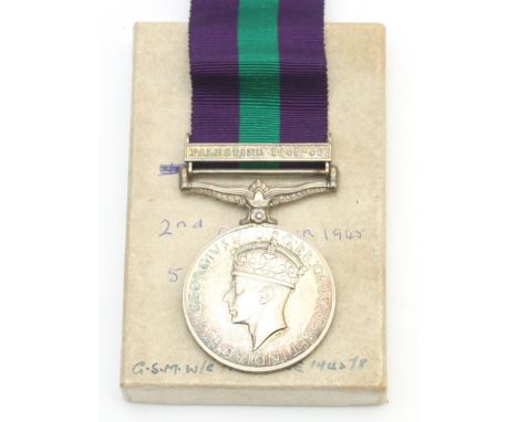 George VI G.S.M 1945-1948 Palestine medal, presented to 3045252 L.A.C H. G. Box. R.A.F, boxed.