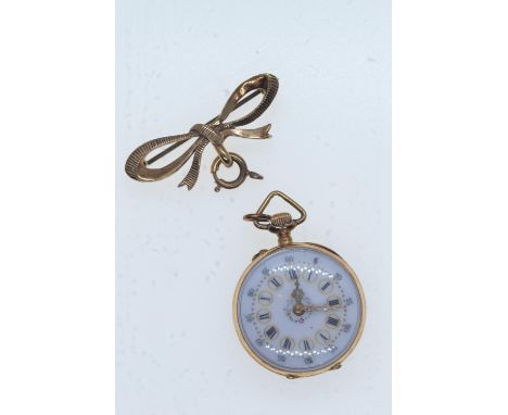 Ladies French?? gold &amp; enamel cased open faced pocket watch, the case set with diamonds &amp; sapphires (one missing), ca