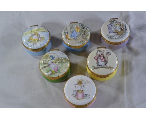 Six Crummles & Co. Beatrix Potter enamel trinket boxes, one AFChip to cover of Jeremy Fisher box, the other five in good cond