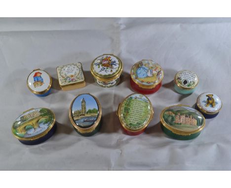 Ten various Halcyon Days enamel trinket boxes, one AFBeatrix Potter box with chip to base. 