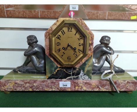 European Art Deco marble mantle clock with two seated figures, with pendulum &key 