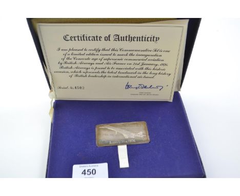 Cased The Danbury Mint commemorative 1976 ltd ed Concorde silver ingot, with certificate, & first day cover 