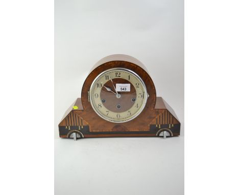 Art deco inlaid mantle clock with key; in working order. 