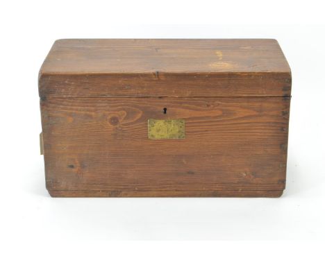 Pitch pine footlocker box. With brass plaque for R-A-LAINE MOD-29126. Includes key. w60cm d30cm h33cm 