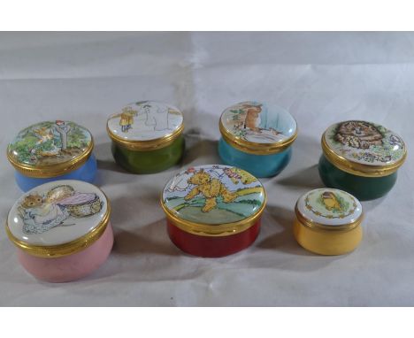 Seven Crummles & Co. enamel trinket boxes, including four Beatrix Potter, one The Snowman, one Winnie the Pooh & one 'Tristan