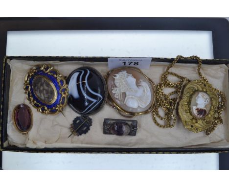 Antique gilt metal & cameo bracelet & six various brooches, including cameo, enamel & stone set, including one blue john set 