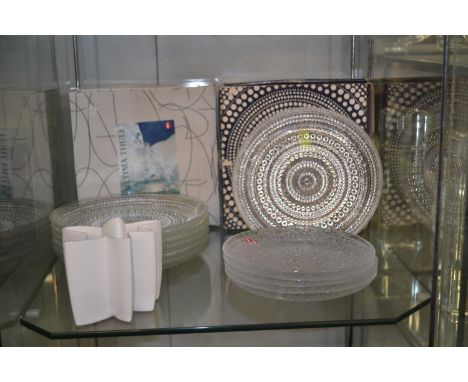 Four Iittala Finland glass Ultima Thule plates, dia. 15cm, Six glass Kastehelmi plates, dia. 17.5cm plus Arabia Finland Heikk