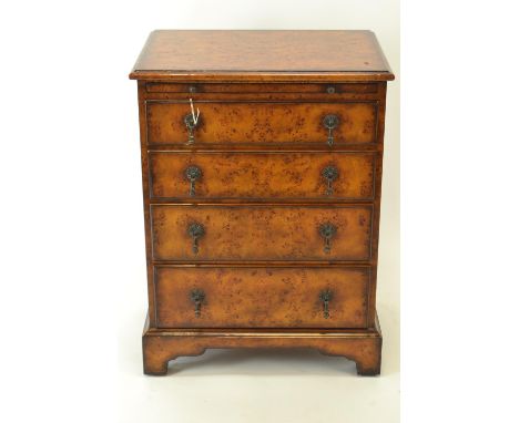 Theodore Alexander George III style poplar burl Birdseye maple bedside chest, the rectangular moulded edge top with a leather
