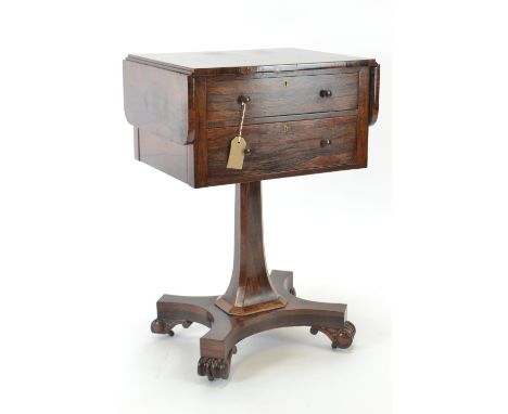 C19 Rosewood drop leaf work table. Raised on pedestal with casters, veneered rosewood with false drawers to rear. H73cm d39cm