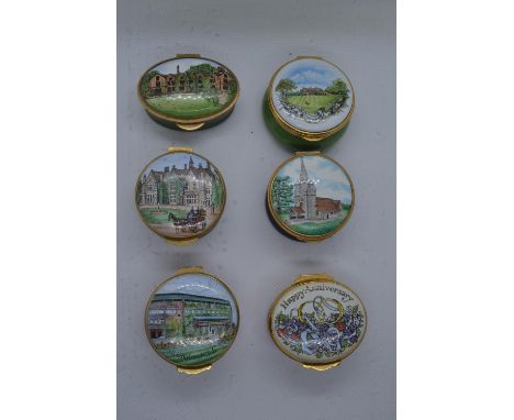 Six enamel trinket boxes, including three Crummles & Co., two Staffordshire Enamels & one TKSGood condition. 