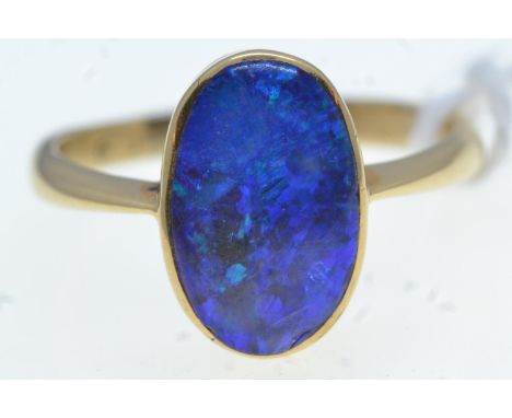 Gold & black opal ring, gold mark rubbed but tests positive for 18ct gold, size Q, 3.73 grams 