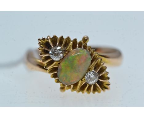 Opal &amp; diamond ring, mounted in yellow metal tested positive for 14ct gold, size I, 3.79 grams