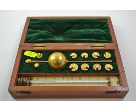 Cased Sikes hydrometer and thermometer in wooden box 