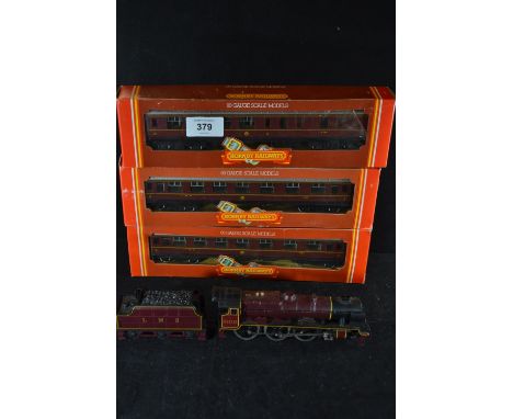 Three boxed Hornby LMS carriages with 6100 Royal Scott engine.  