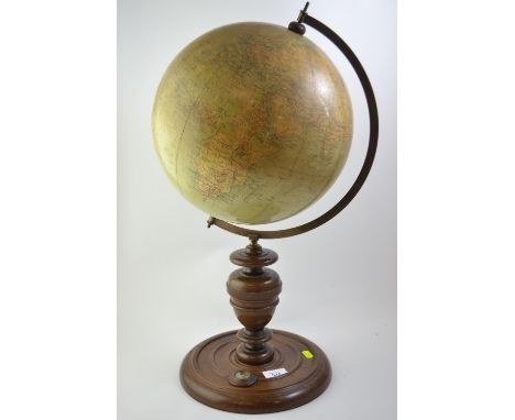 Philips 12 Inch terrestrial Globe on mahogany base with compass H50cm missing finial. 